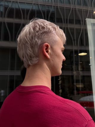 Ledově blond mullet spojený s čistou linií fadu — kontrast, který působí klidně i odvážně zároveň.❄️ #hair #mullet...